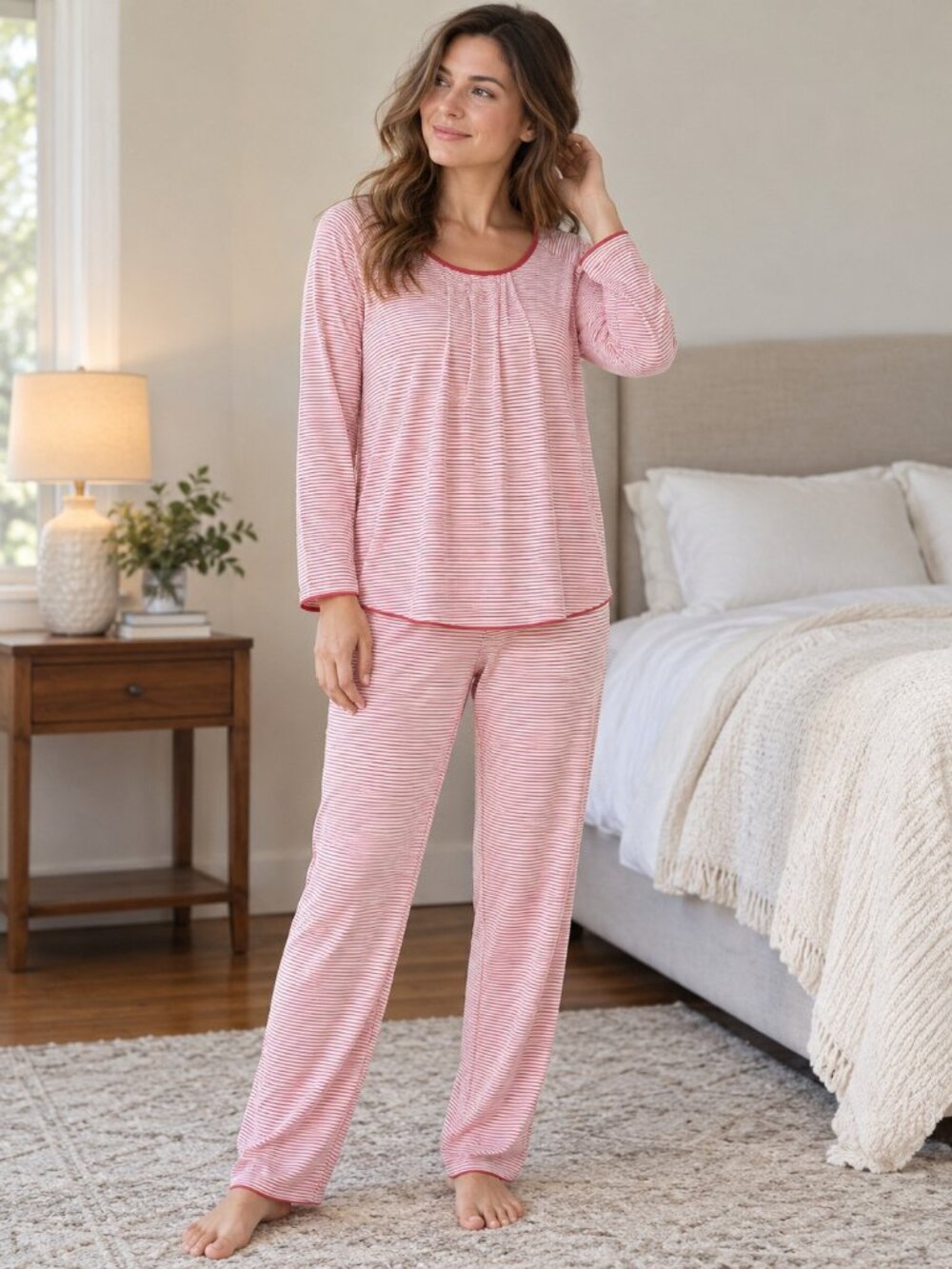 Lake Womens Sz M Pajamas Set Pima Cotton Long Sleeve & Pants Red Stripe
